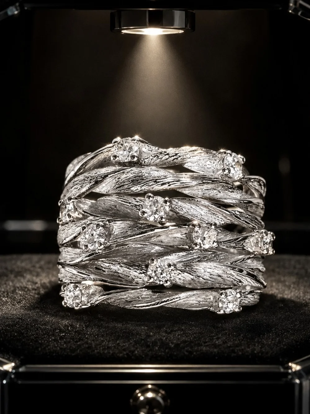 Textured Silver Multi-Row Crystal Ring